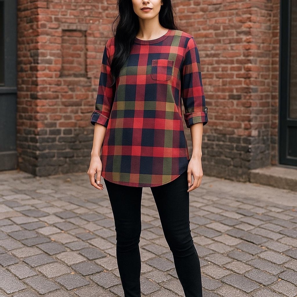 Cupshe Dress Womens M Red Plaid Tunic Roll Tab Sleeve Boho Cowgirl Lagenlook